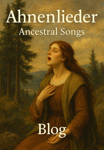 Woman singing in an ancient forest landscape at sunrise, symbolizing the ancestral connection – title “Ahnenlieder – the Ancestral Songs Blog.”